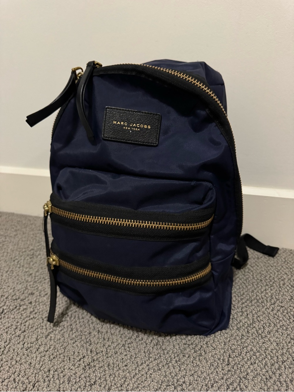 Marc Jacobs Navy Backpack with Glod Zippers and Gold Buckles